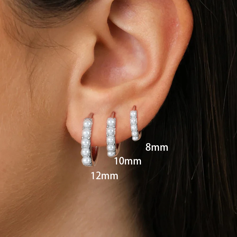 3PCS Set Stainless Steel Minimal Hoop Earrings 8/10/12mm Small Huggie Thin Helix Tragus Pearl Earring Cartilage Piercing Jewelry