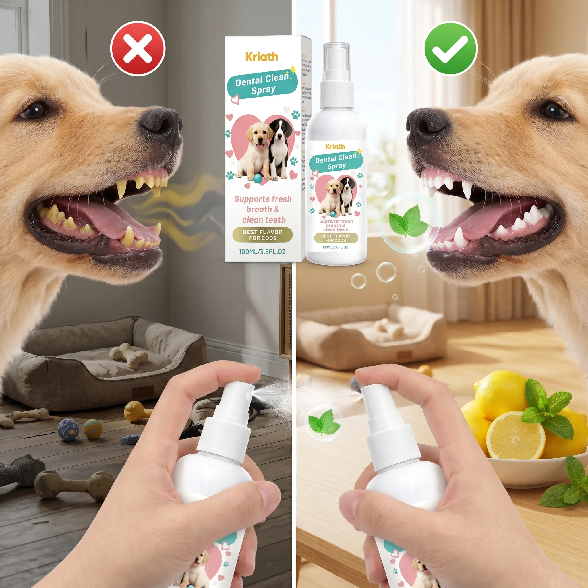 Spray Bucal para Mascotas para el Alivio del Mal Aliento y la Limpieza de los Dientes de Perros, Reduce la Placa y el Sarro, Sin Necesidad de Cepillado, 100 ml, Suministros Naturales para Mascotas