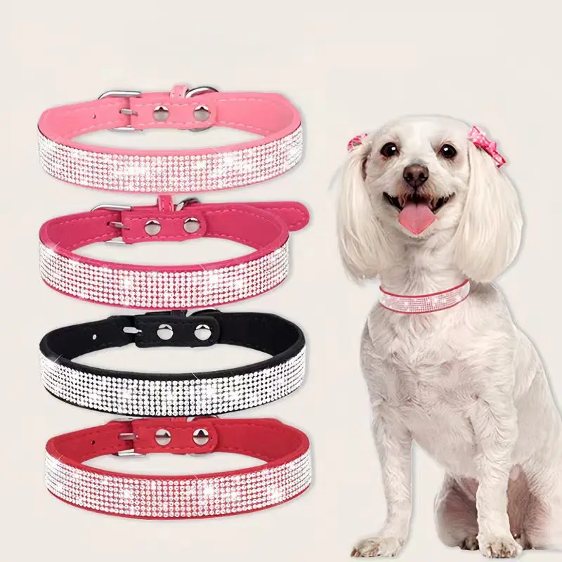 New Comfortable Glitter Rhinestone Dog Collars  Zinc Alloy Buckle Collar Suede Fiber Crystal Dog Collar for Small Dogs Cats 2026