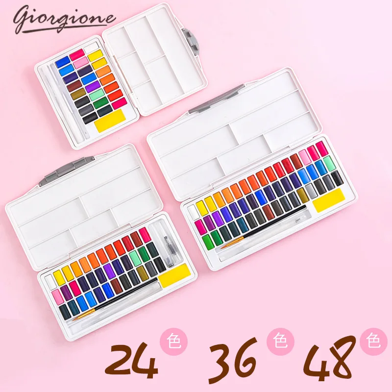 Solid Watercolor Paint Set in Macaron Pastel Shades with Water Brush Pen and Folding Palette, 24 36 48 Color Options for