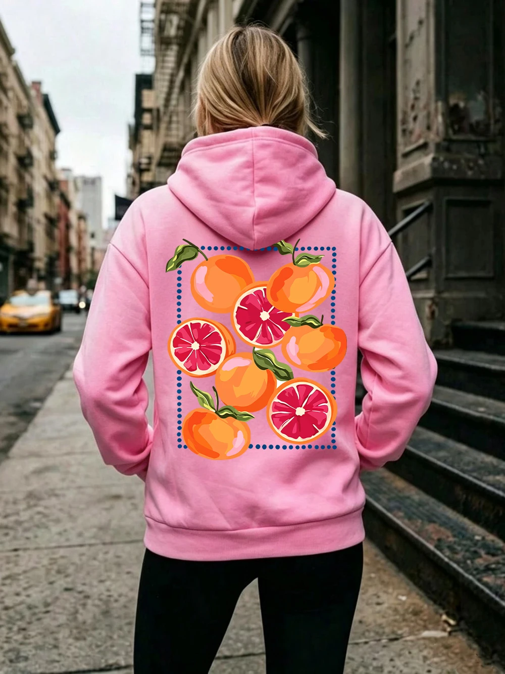 Blood Orange Cartoons Bedruckte Hoodies Damen Lässiger Taschen-Sweatshirt Winter Fleece Warmer Pullover Basics Locker Sitzende Damenkleidung