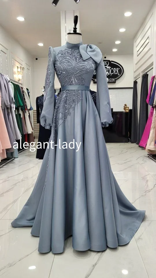 

Синее мусульманское вечернее платье с высоким воротником, элегантное атласное макси-платье с бисерной аппликацией на заказ для торжественных мероприятий, женское праздничное платье
