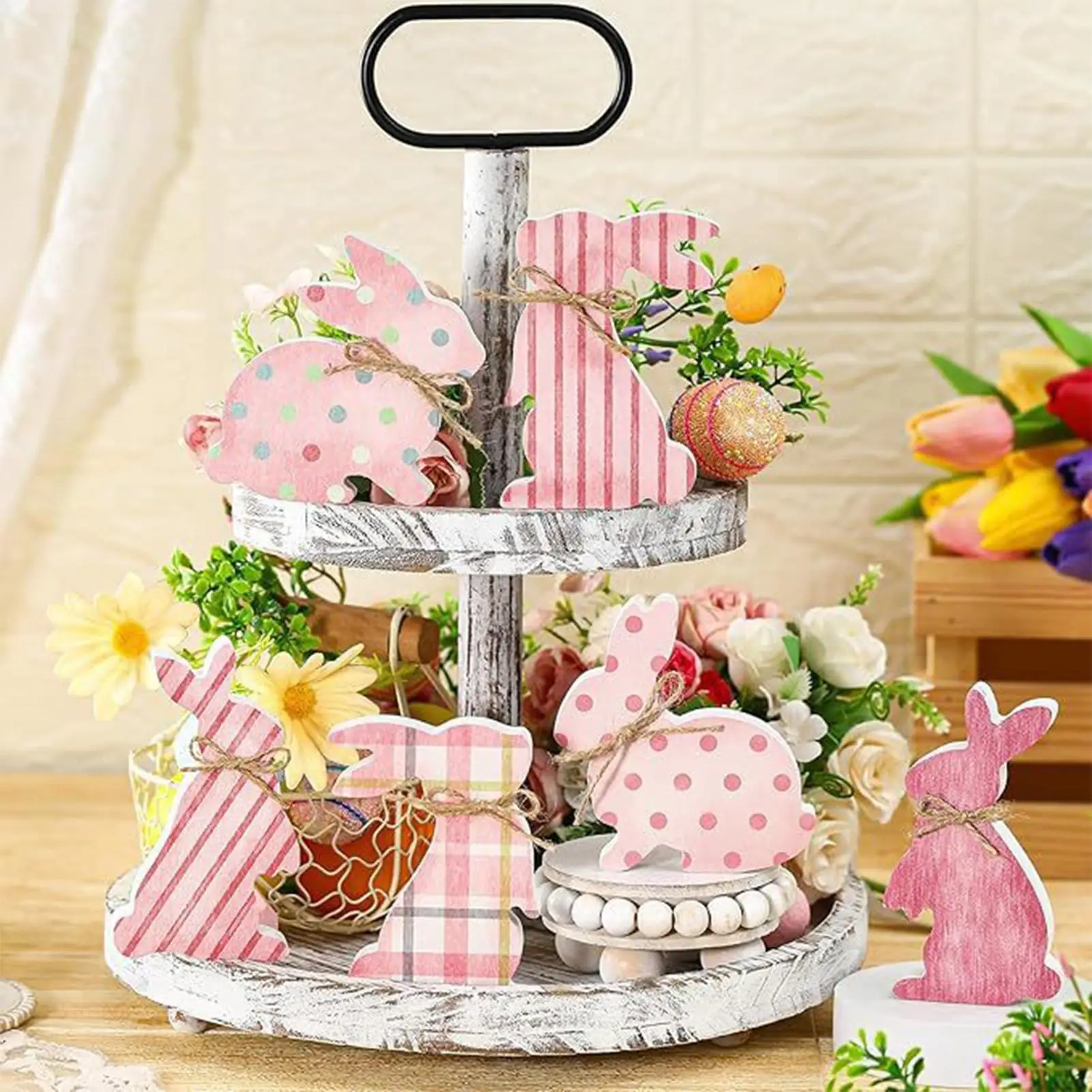 Easter Bunny Table Sign 6 Pieces Wood Rustic Rabbit Shaped Farmhouse Kitchen Animal Decor For Tiered Tray Shelf Mantel Party