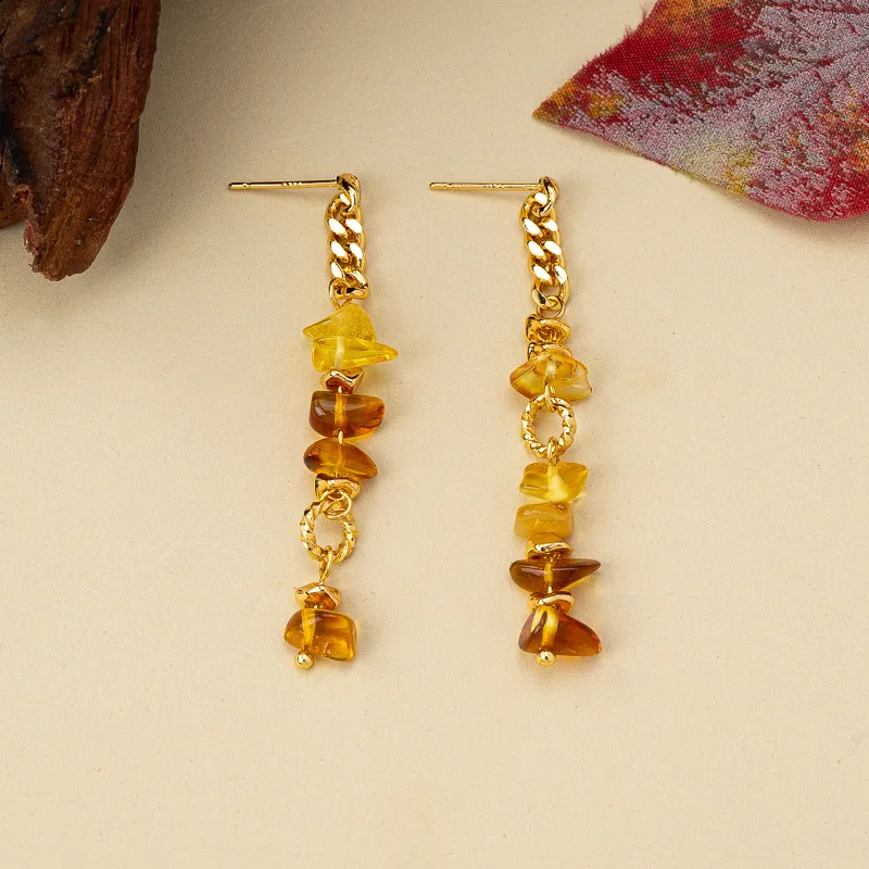 

Retro Fashion Multi-treasure Brown Natural Stone Long Beaded Earrings Irregular Beads Tassel Earrings New Chinese Style High-end