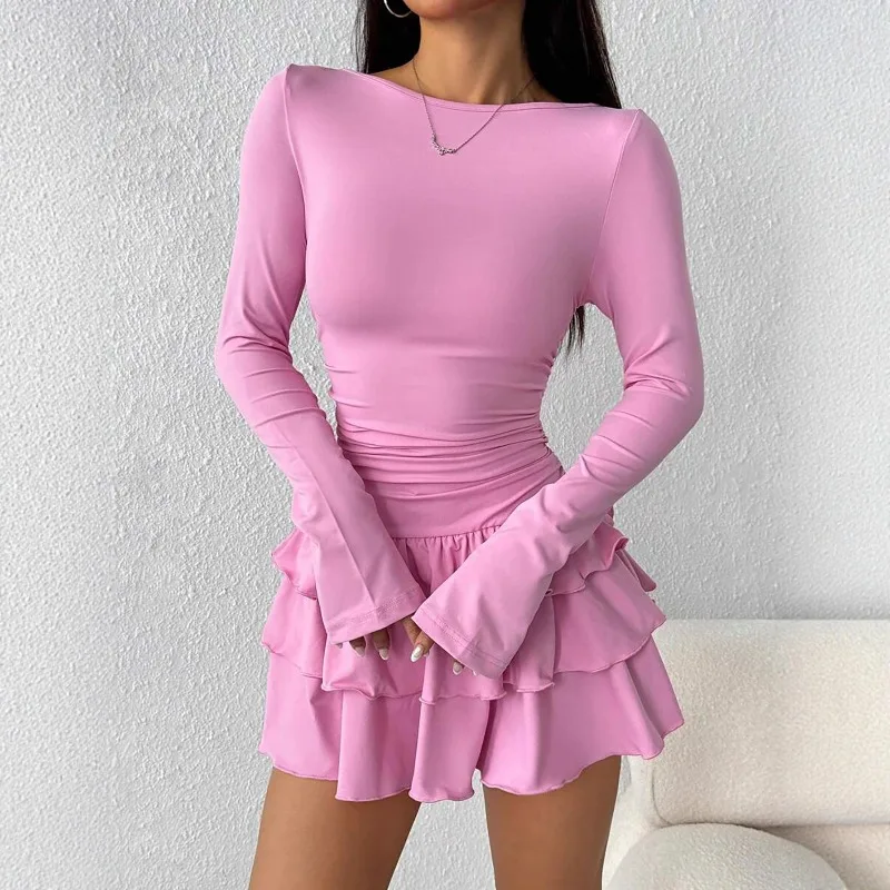 2025 Autumn Solid Slim Fit Cascading Ruffles Mini Dress Winter Women Elegant Flare Sleeve High Waist Sexy Party Bodycon Dresses
