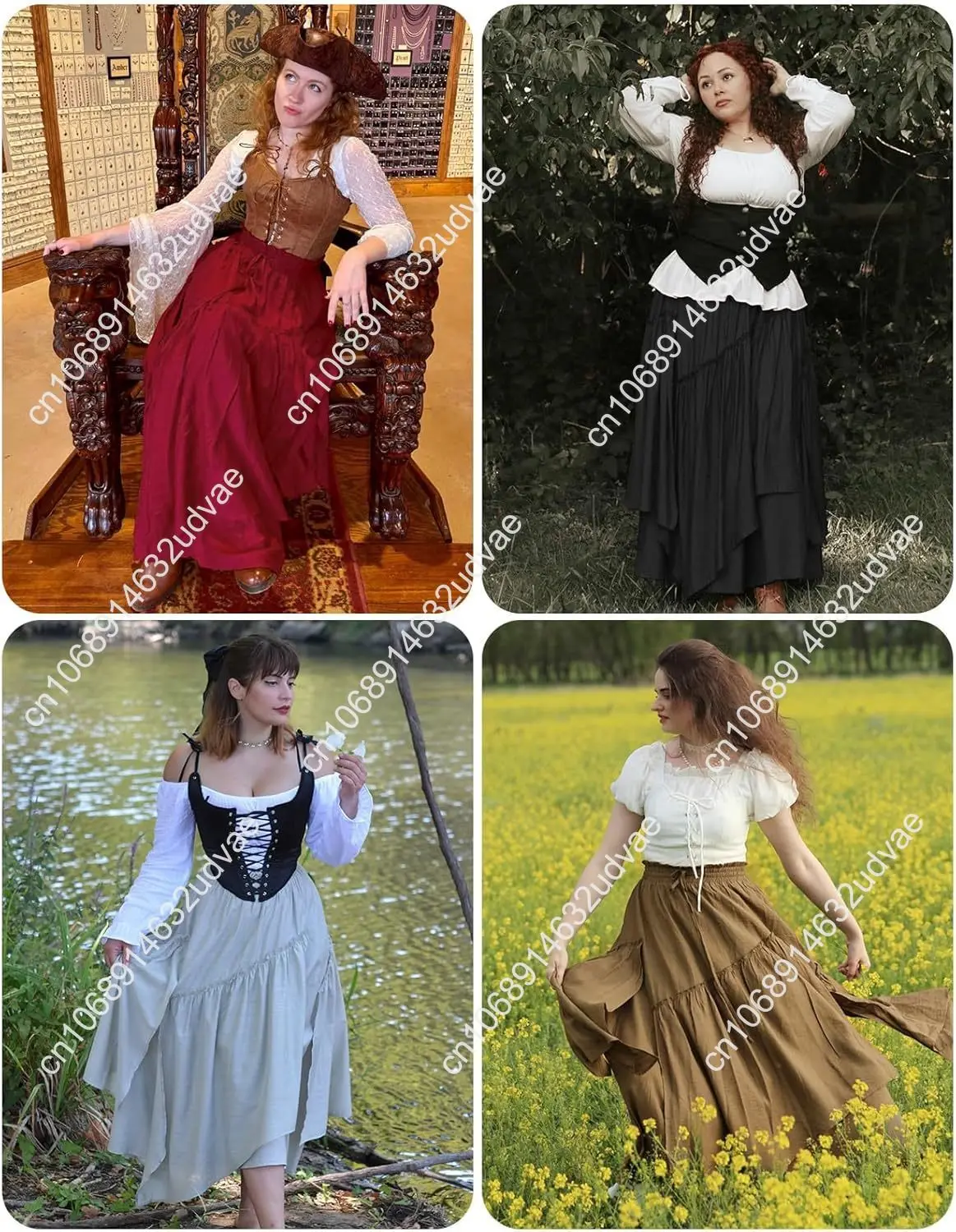 Scarlet Darkness Women Renaissance Layered Long Skirt Elastic High Waist Tiered Skirt with Pockets