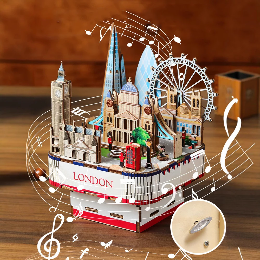 DIY 3D Wooden Magic Castle Music Box Miniature Model Kits Jigsaw Puzzles Train Can Move for Children Birthday Gifts Home Decor