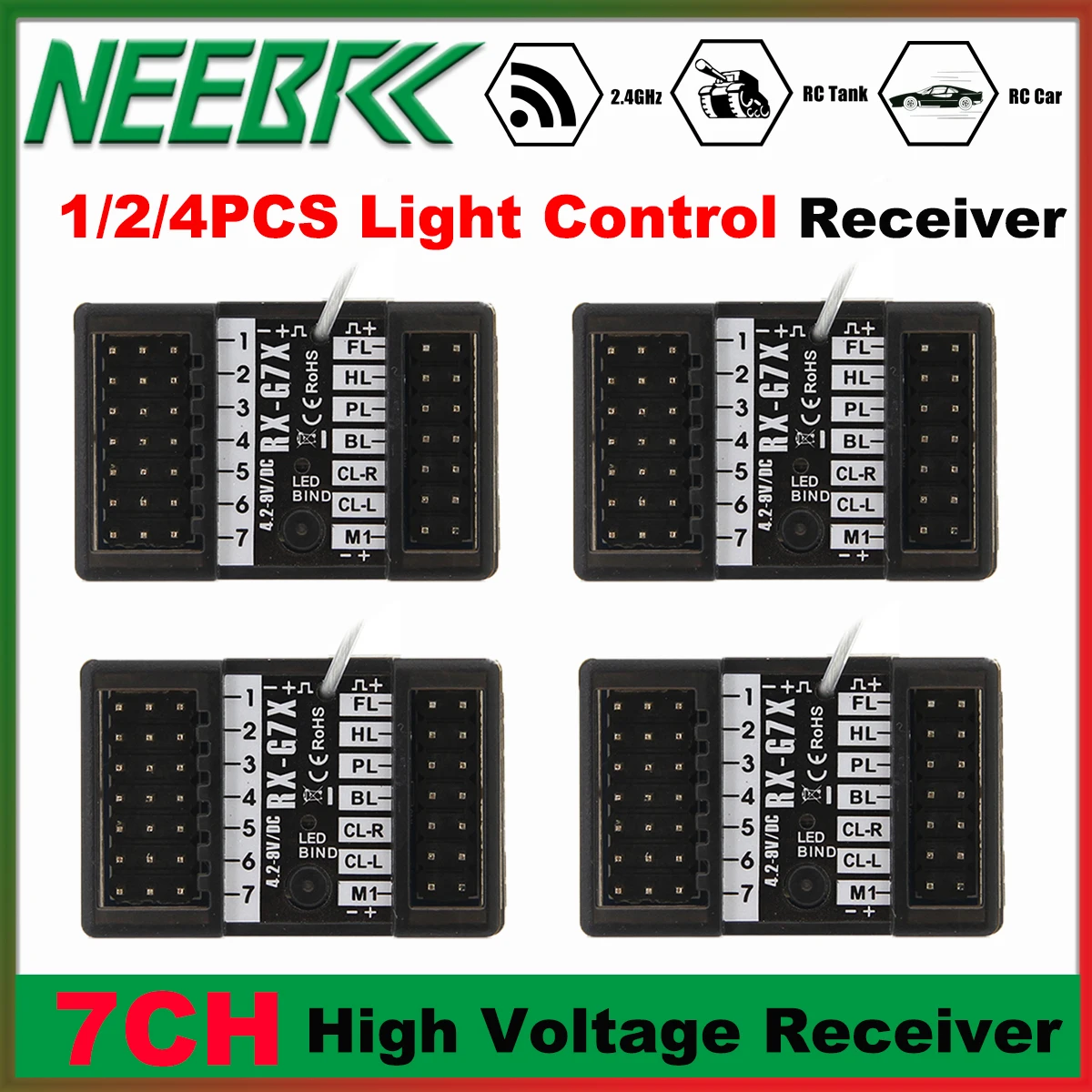 

1/2/4PCS RX-G7X 2.4GHz 7CH 3 in 1 Waterproof Light Control Receiver High Voltage for NEEBRC Remote Control Car Truck Tank Boat