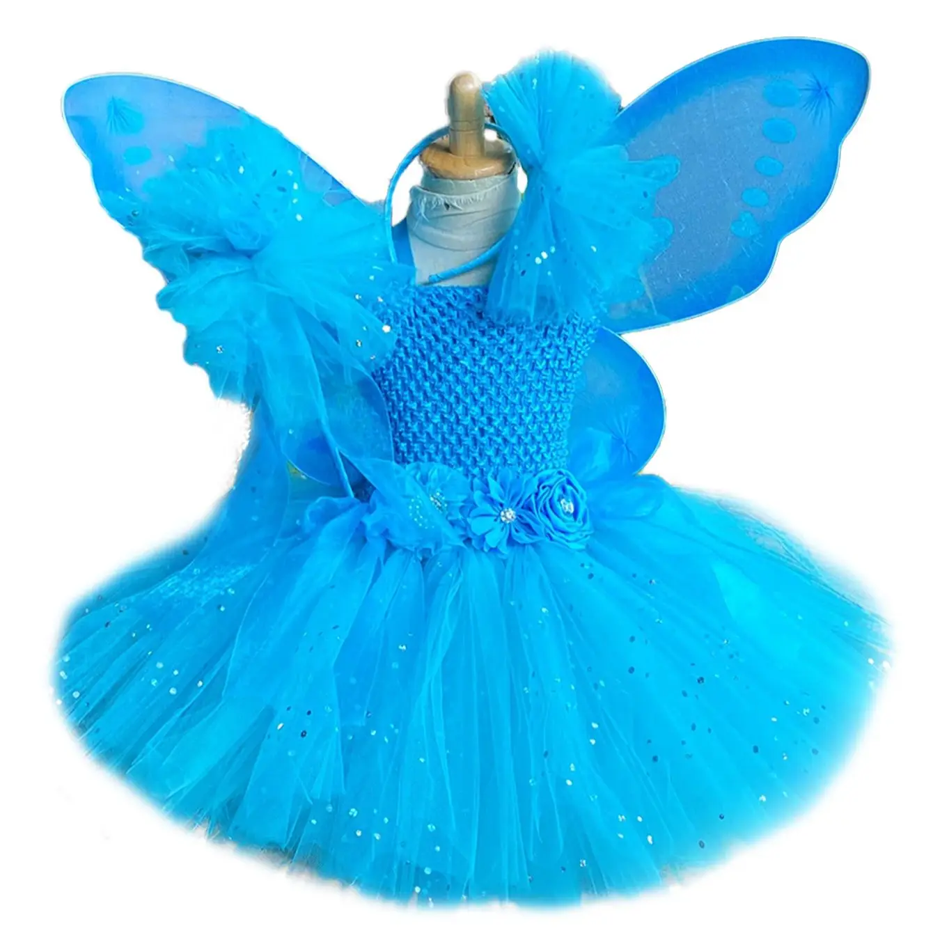 Blaues Glitzer-Tutu-Kleid für Mädchen, Blumen-Feenkleider mit Flügel und Zauberstab, Haarschleife, Kinder-Partykostüme, Fotografie-Kleidung