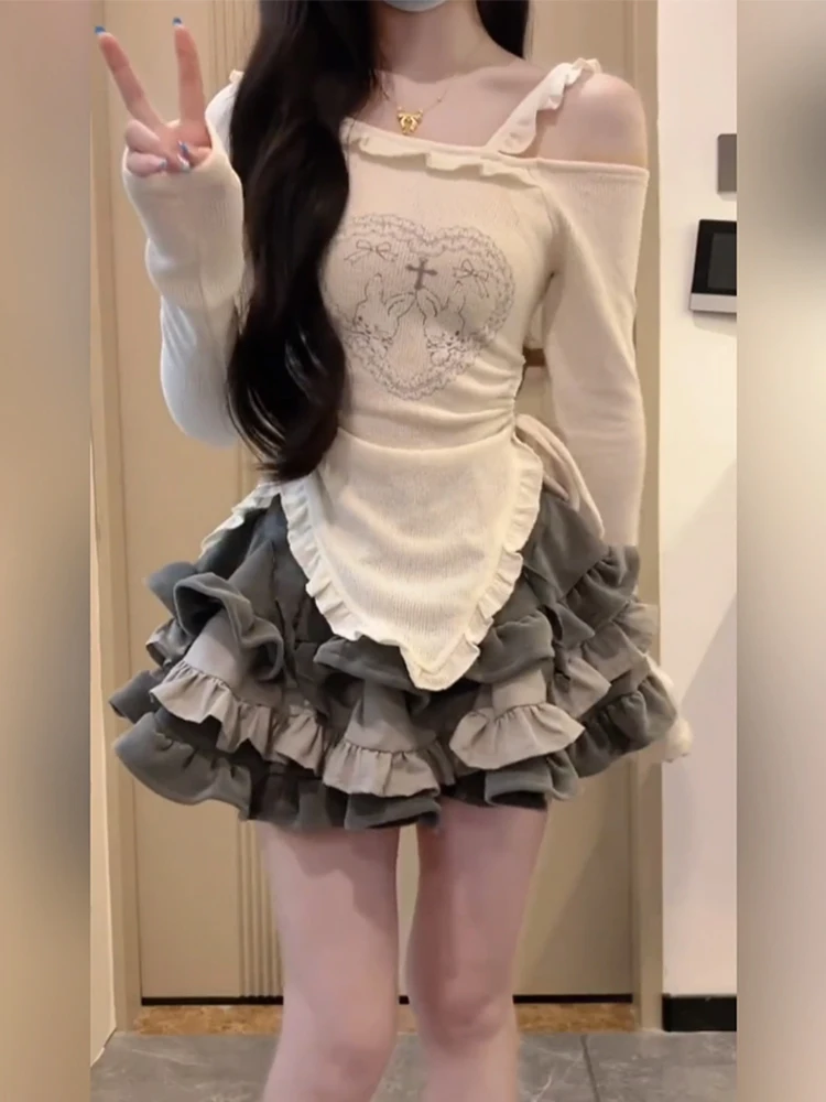 

Sweet And Spicy Girl High Waist Puffy Skirt Set Women's plus Size Design Sense Casual Faion Autumn Collection
