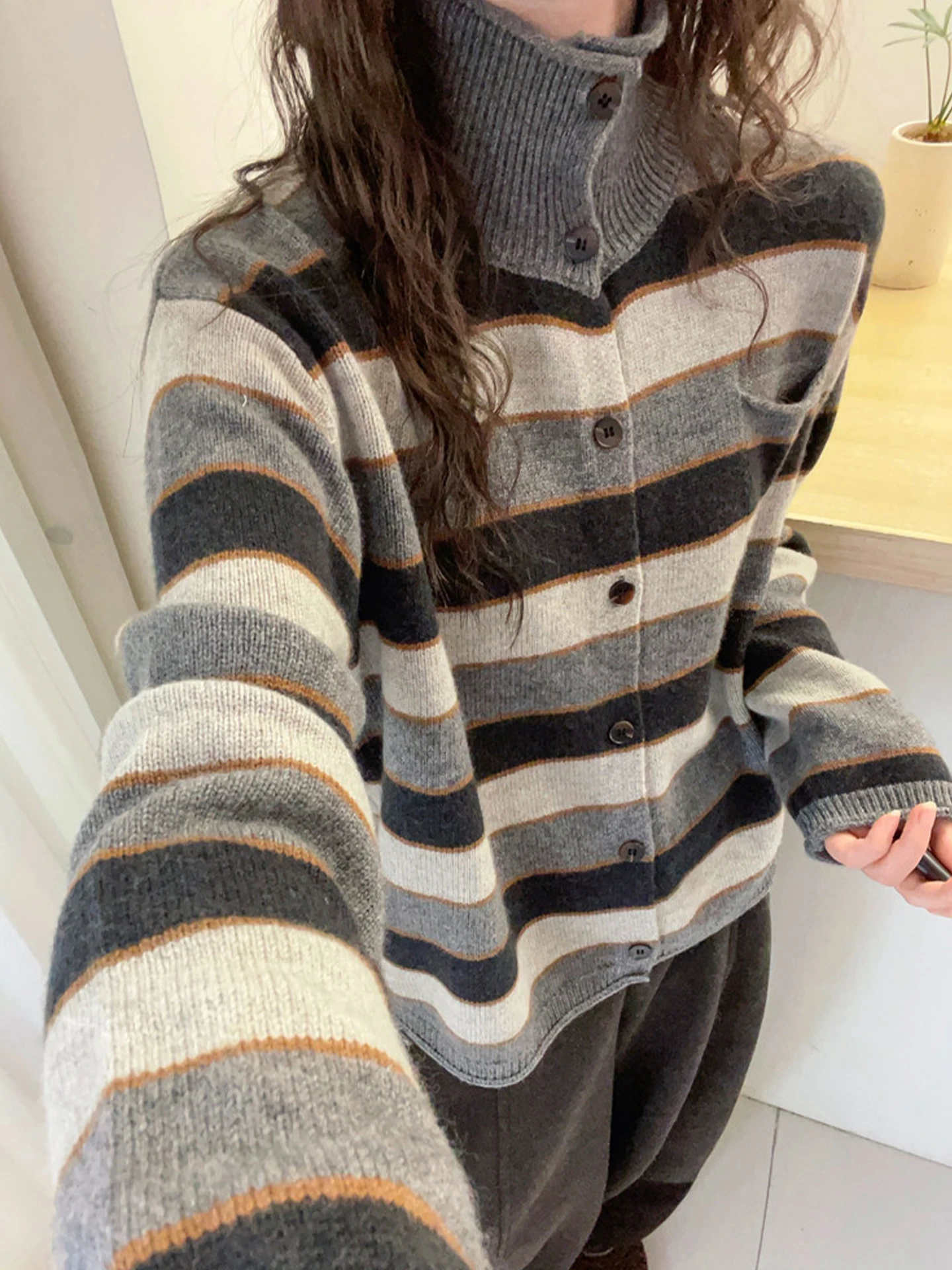 

Корейский Sle Long Sve Color Blo полосатый вязаный свитер с высоким воротником Camere, зимний новый модный антивозрастной женский топ