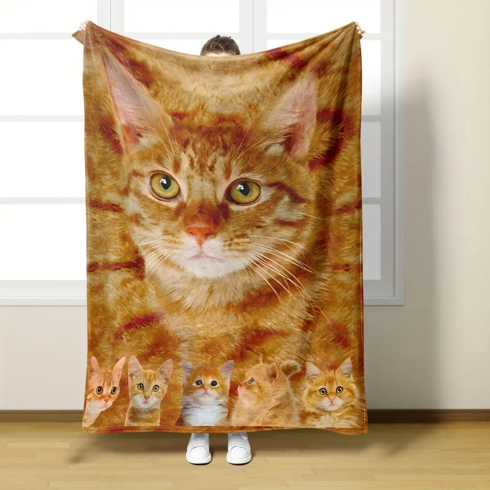 Fluffy Blanket Charming Geometric Cat Print Blanket For Sofa Bed Office Camping Valentine's Day Gift for Kids Companion