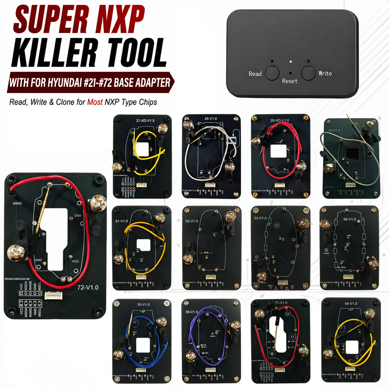 #21-#72 For Hyundai NXPChip Smart Keys Clones 4 Tokens & Unlimited Version Super NXPKiller Read Copy Device With Adapter Base