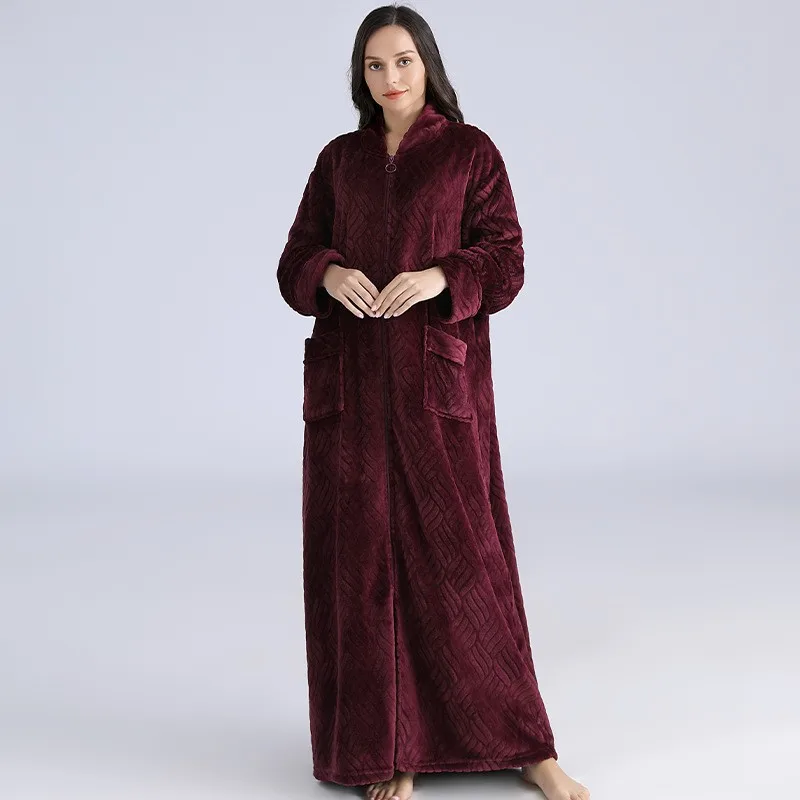 Extended Women\'s Flannel Zipper Pajamas Solid Color Jacquard Thick Warm Bathrobe Plus Size Women\'s Bathrobe Couple Bathrobe