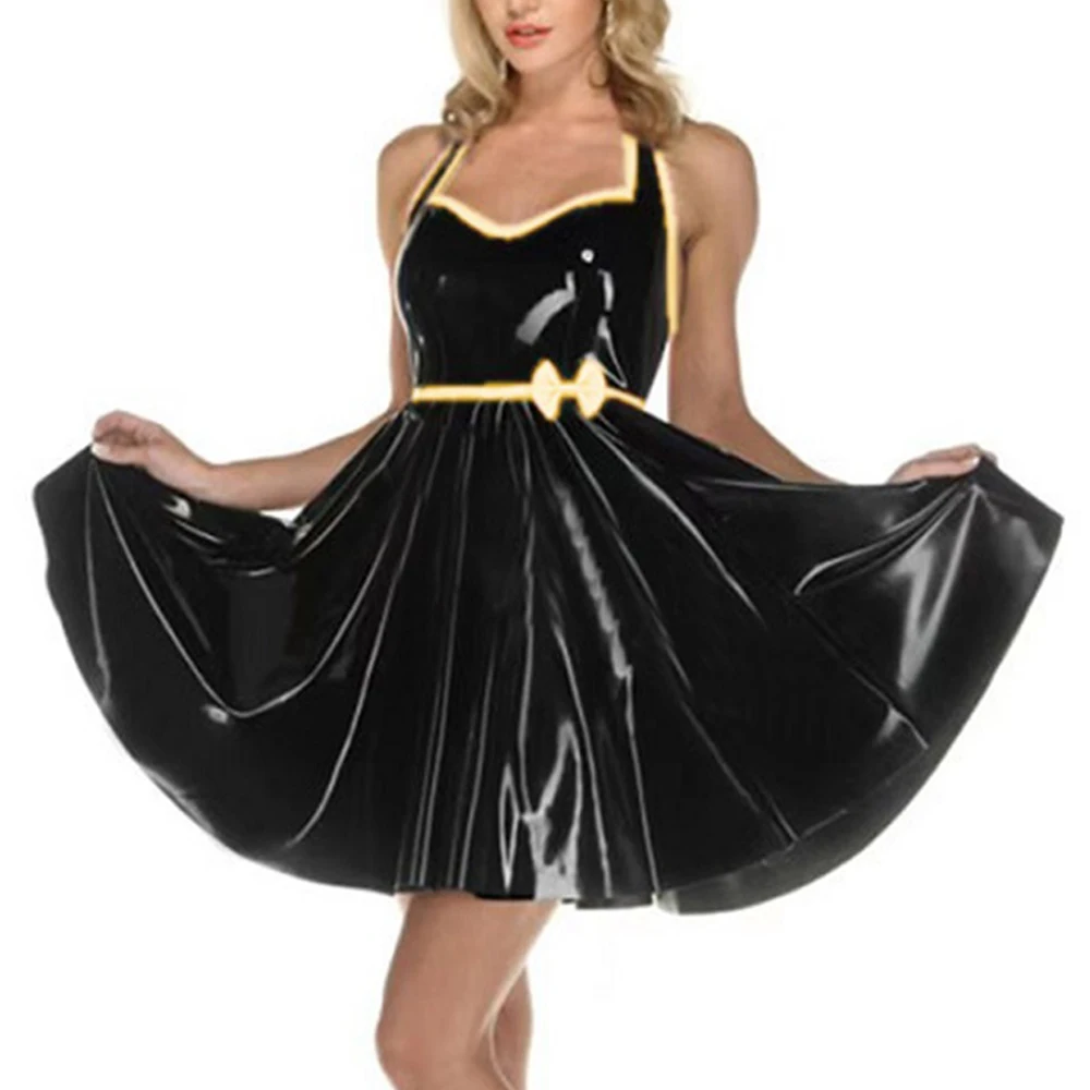 Women's Sexy Retro Halter A-line Dress, Wetlook Patent Leather, Pleated Swing Short Dress, Fetish Clubwear,Party Robe, Plus Size