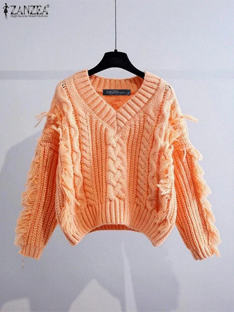 Women Fashion Autumn Knitted Sweaters ZANZEA 2025 Tassel Pullovers Casual Solid Long Sleeve Jumpers V-Neck Loose Elegant Shirts