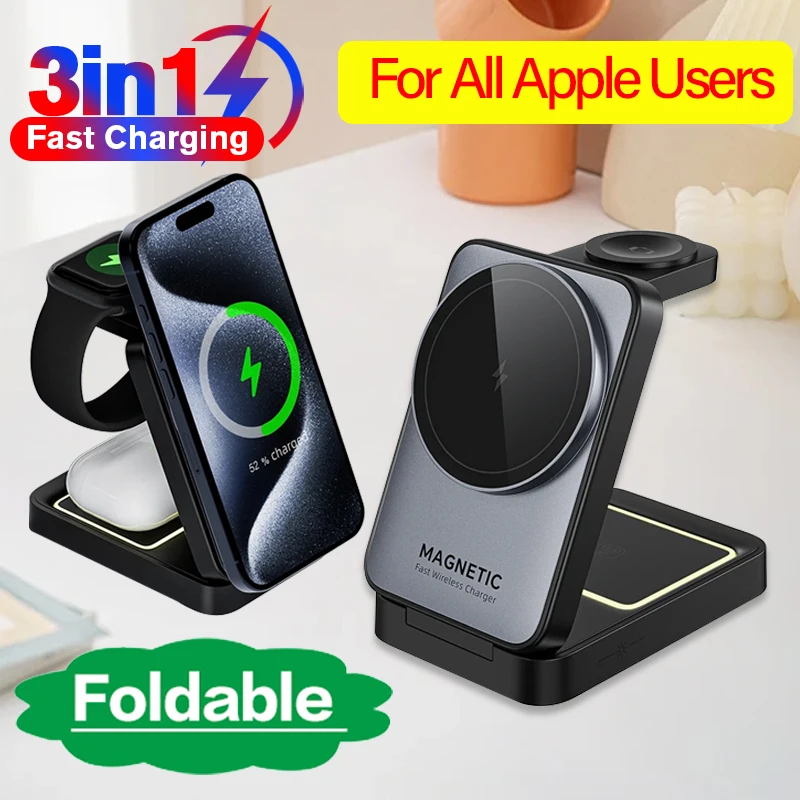 3 In 1 Magnetic Wireless Charger Stand Pad for iPhone 16 15 14 13 Apple Watch 1-8 AirPods 2 Foldable Fast Charging Dock Station