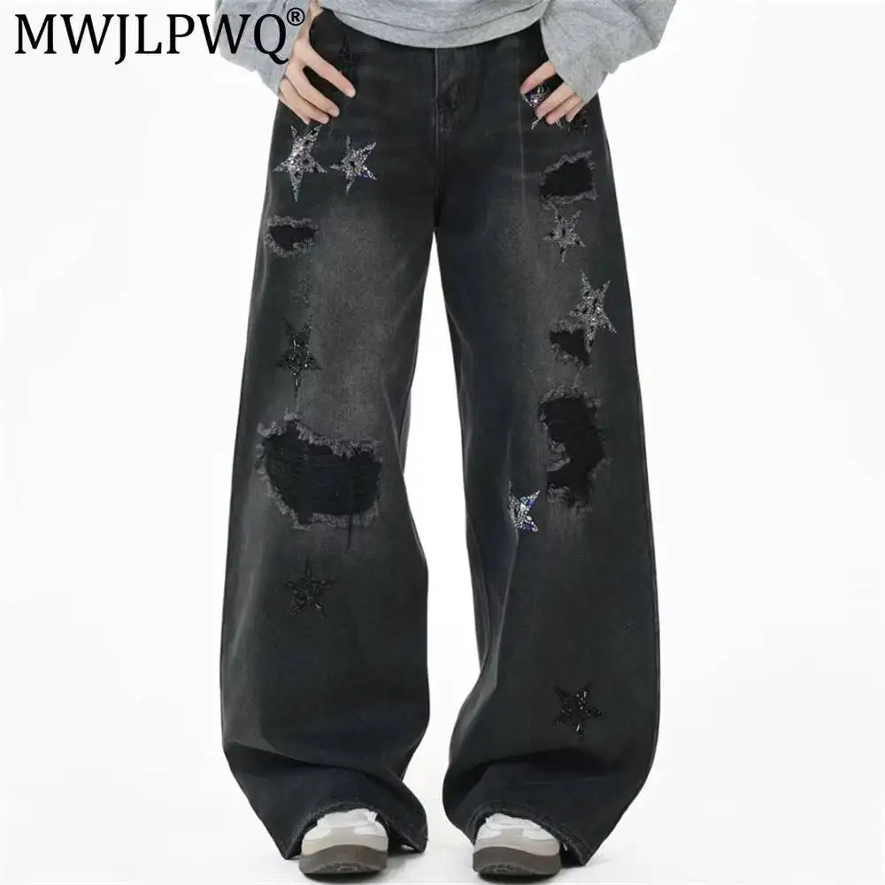 MWJLPWQ Ripped Distressed Jeans For Men Trendy Five-Pointed Star Rhinestone Design Unique Niche Loose Wide-Leg Trousers 20280