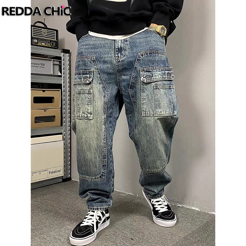 

REDDACHIC Men Multi-pocket Taper Cargo Jeans Vintage Stitch Frayed Do Old Whiskers Low Rise Denim Wide Pants High Street Clothes