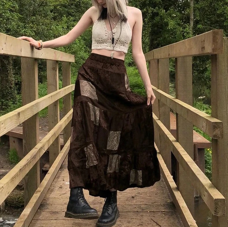 

Новые модные длинные юбки для вечеринок с принтом в стиле бохо-гранж, ретро-юбки в стиле фейри, коричневые плиссированные юбки для женщин, элегантные.