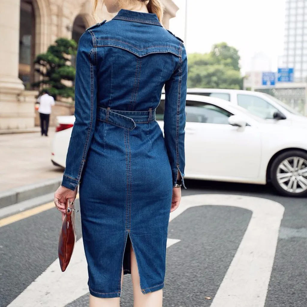 Fashion Jeans Dress Denim Dresses Winter Office Slim Jeans Long Sleeve Mid-Cuff Denim with Belt for Women Jeans Dress Long Dress