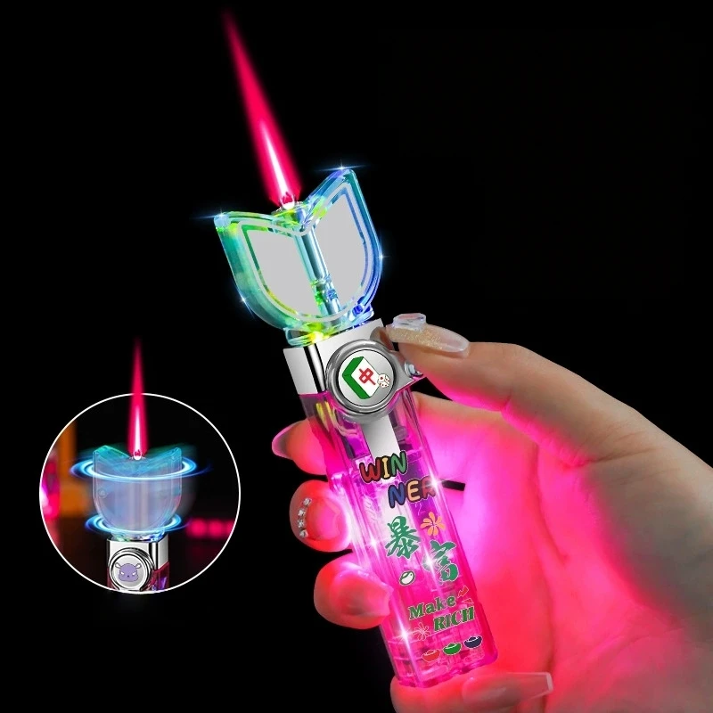 

New Fashion Transparent Color Light Rotating Inflatable Lighter Windproof Direct Spray Flame Butane Gas Decompression Lighter