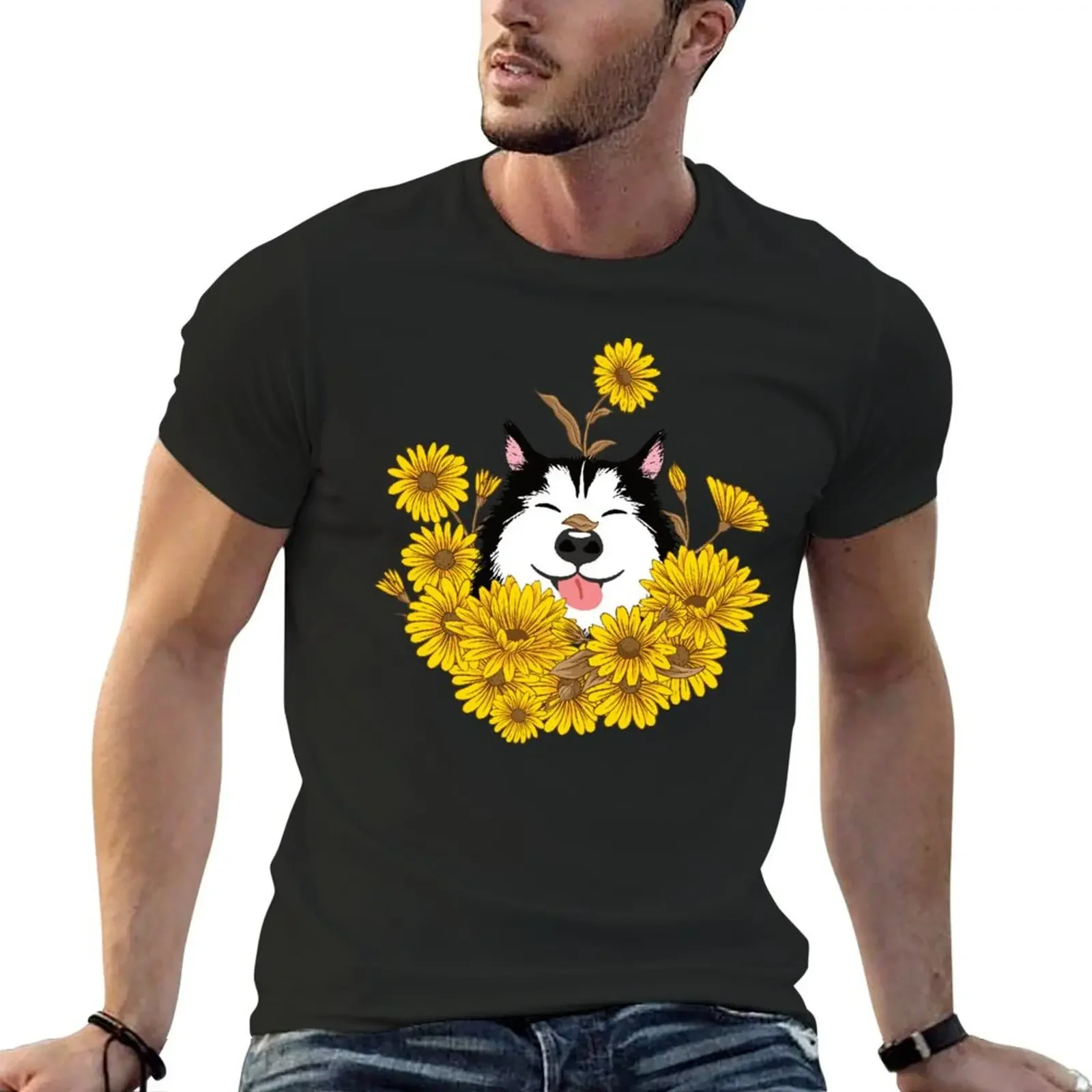 Siberian Husky Dog and Sunflowers T-Shirt essential t shirt plain vintage men t shirt