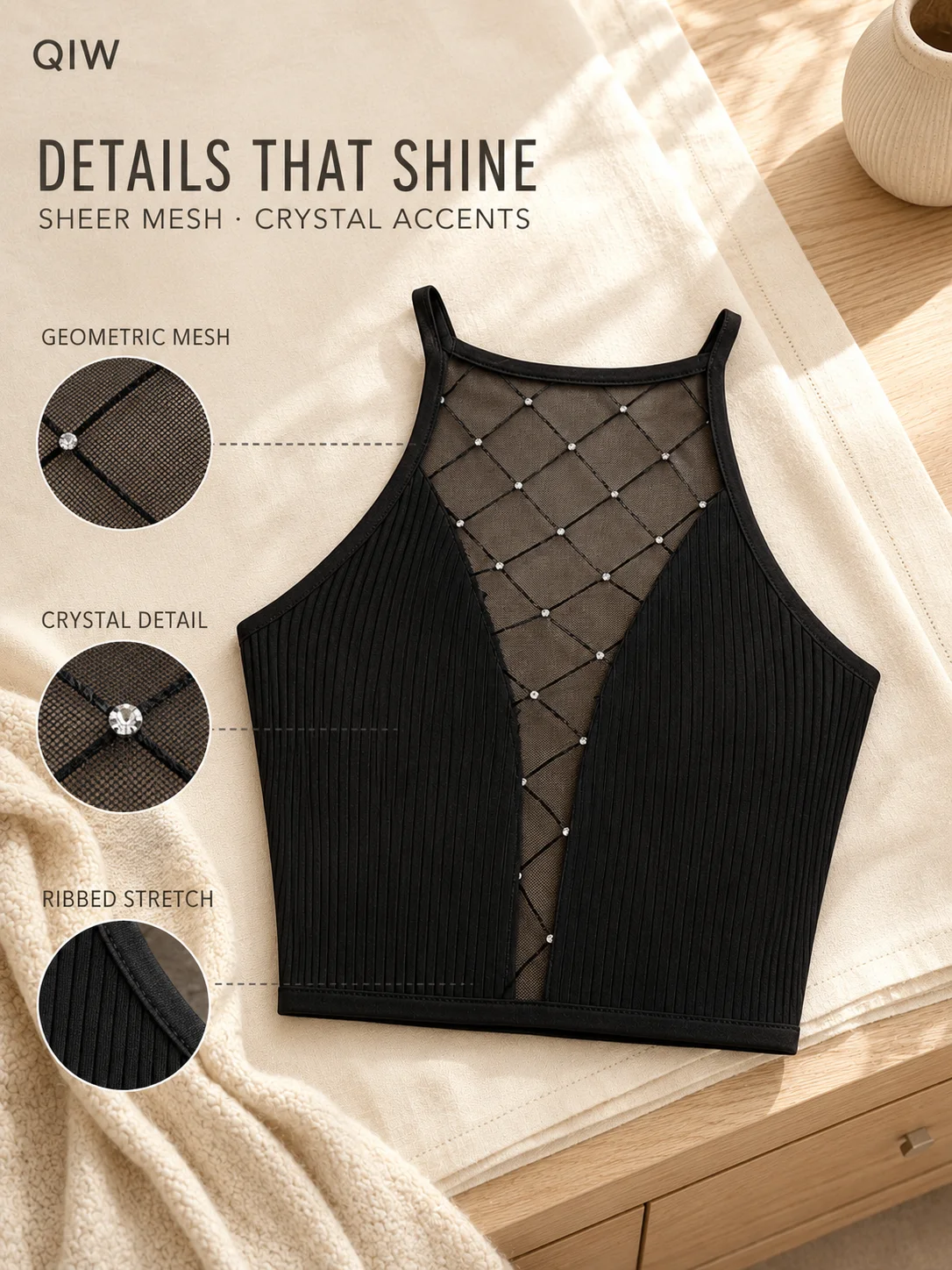 Women's Ribbed Mesh Camisole Top, Cross Back Halter Crop Tank, Sexy See-Through Casual Summer Vest, Streetwear Party Clubwear