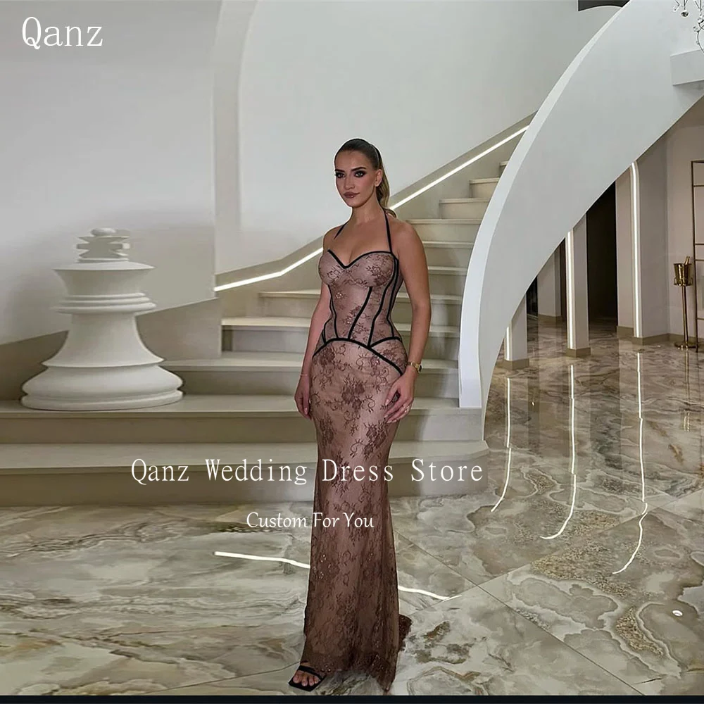 

Qanz Вечерние платья русалки с бретелькой на шее, кружевные аппликации, коричневые платья, Vestidos Para Mujer, элегантное женское платье для выпускного вечера с открытой спиной по индивидуальному заказу