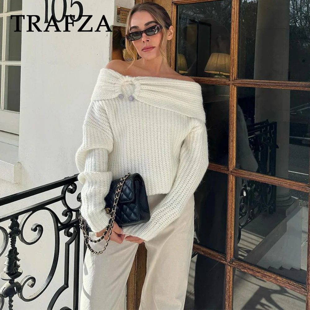 TRAFZA 2024 Spring Summer Casual Tierred Sweaters Fashion Streetwear Slash neck Solid Oversized Knitted Chic Elegant Sweaters