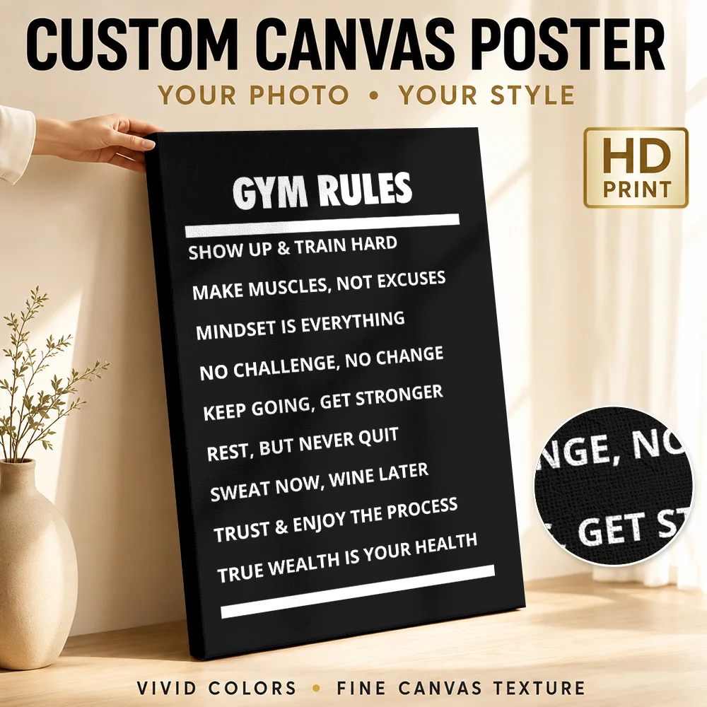 Gym Rules Motivational Framed Canvas Print Poster Customized Photo Inspirational Quote Wall Art for Office Decor Ready to Hang
