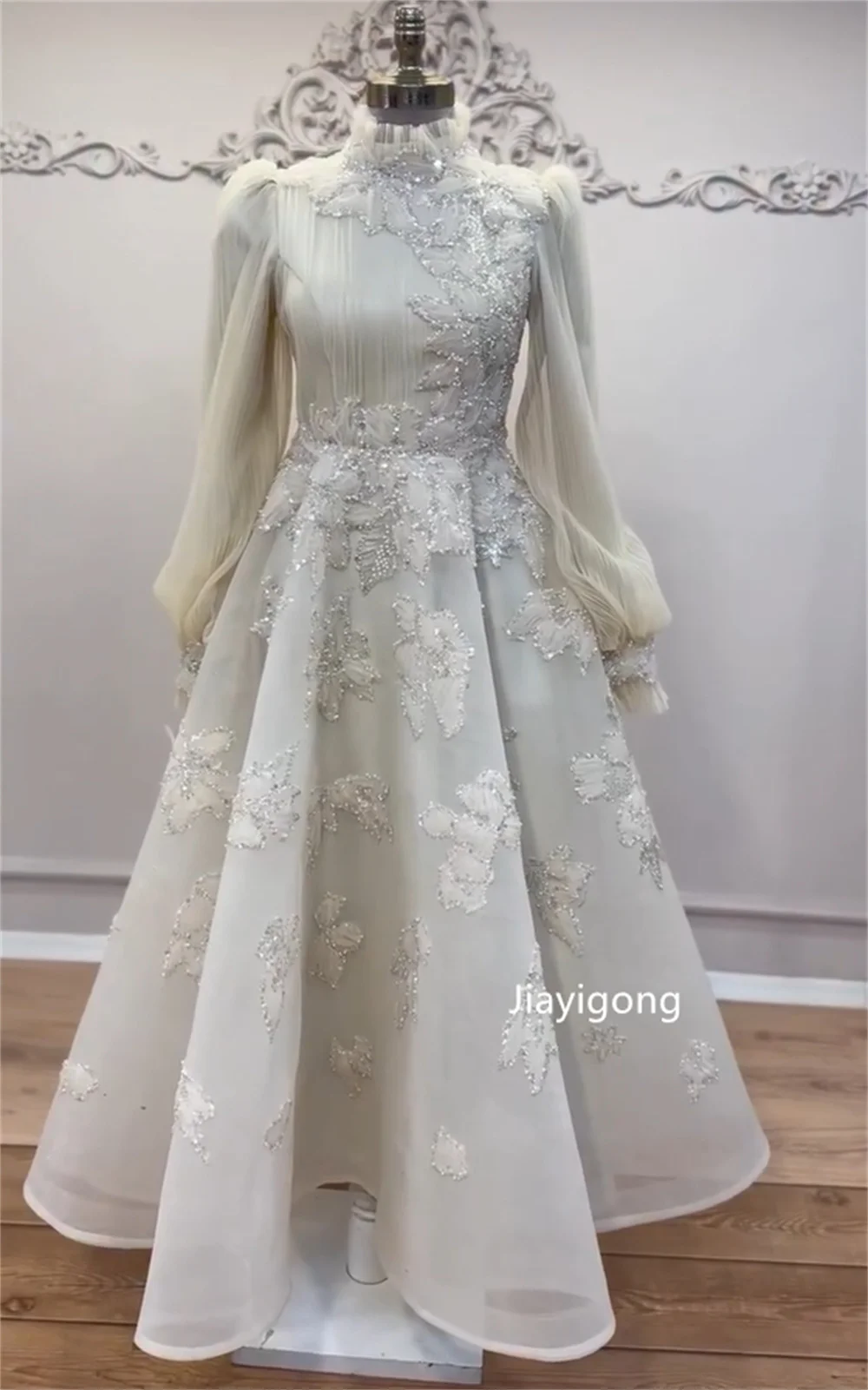 Customized Exquisite Organza Pleat Beading Pattern A-line High Collar Long Evening Dresses Luxury 2025 Matching Elegant