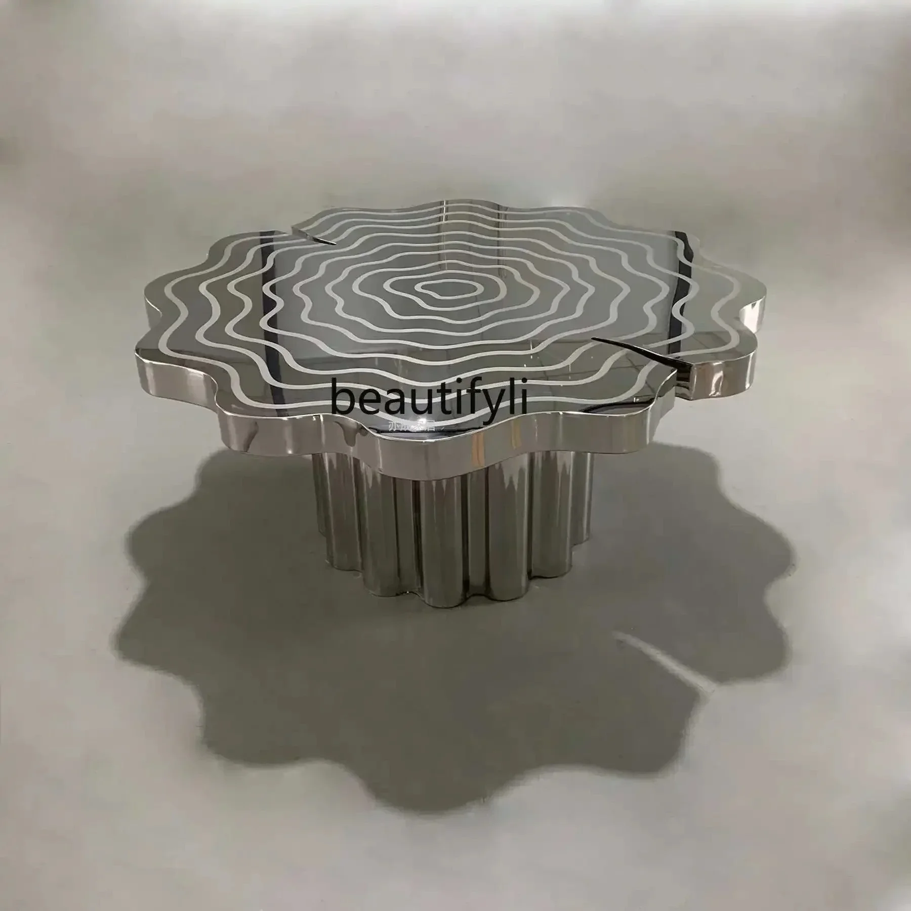 

yj19 Stainless steel mirror etching annual ring special-shaped set of light luxury round table living room irregular coffee tab