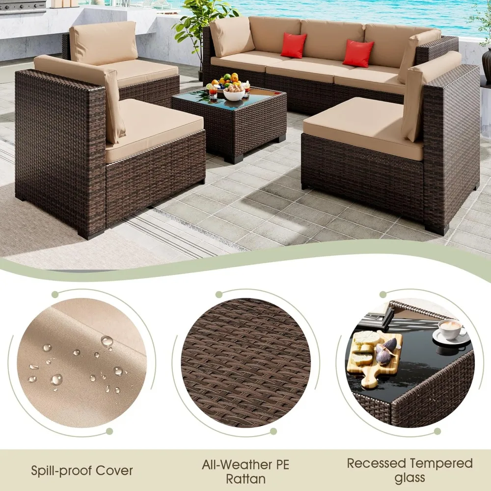 مجموعة أثاث الفناء الخارجي المكونة من 7 قطع، مجموعة أثاث الفناء المنسوج يدويًا من الخيزران أريكة مقسمة للفناء الخارجي