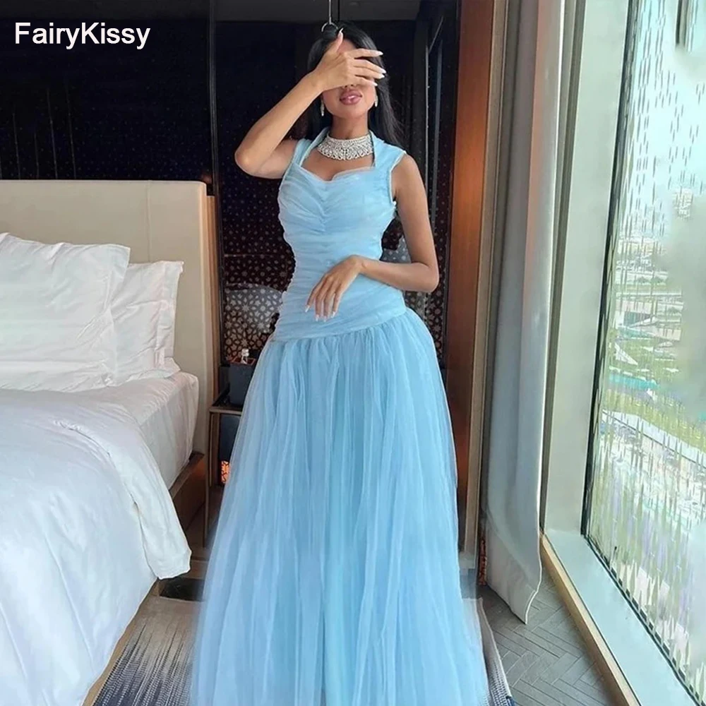 

FairyKissy Blue Tulle Prom Dress Women's A-Line Square Neck Party Evening Gown Floor Length Sleeveless 2024 Formal Occasion Gown