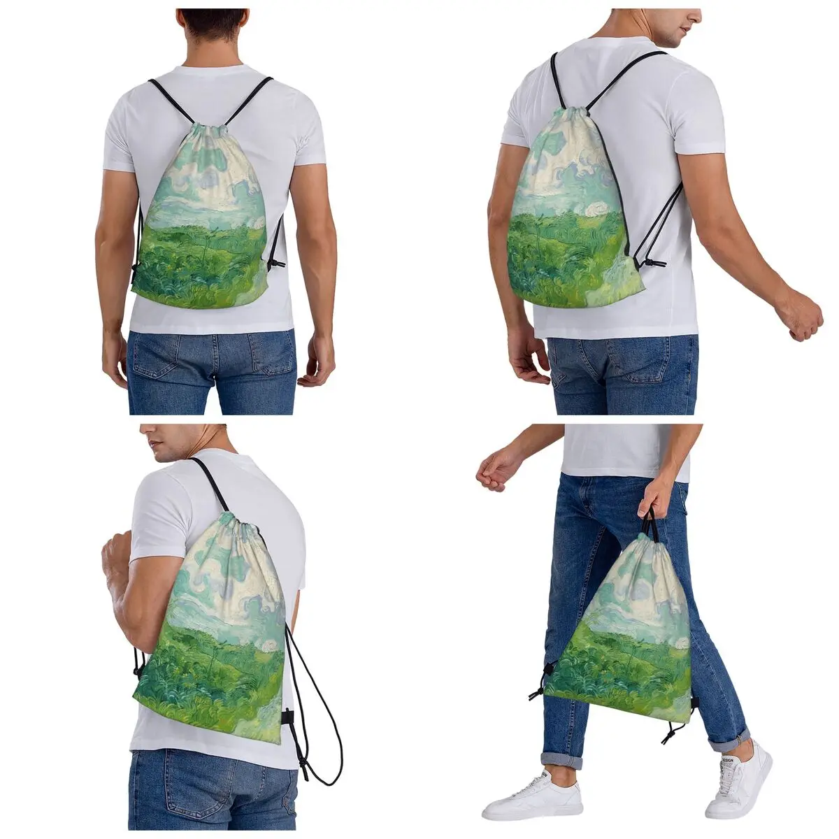 Green Wheat Fields, Auvers, Vincent Van Gogh Backpacks Fashion Drawstring Bundle Pocket Shoes Bag Book Bags for Man Woman School