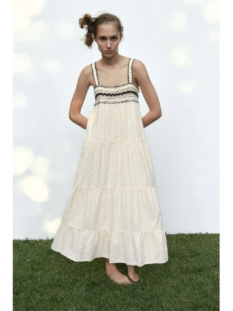 Été nouveau femmes col droit large sangle couleur Blo dentelle garniture ter Dr coton taille haute a-ligne jupe décontracté Sle