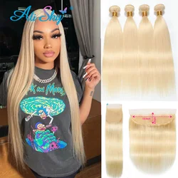 613 Straight Bundles with 4x4 hd Lace Closure Brazilian Hair 3/4Bundles With13x4 Lace Frontal Hair Extensions Blond Transparent