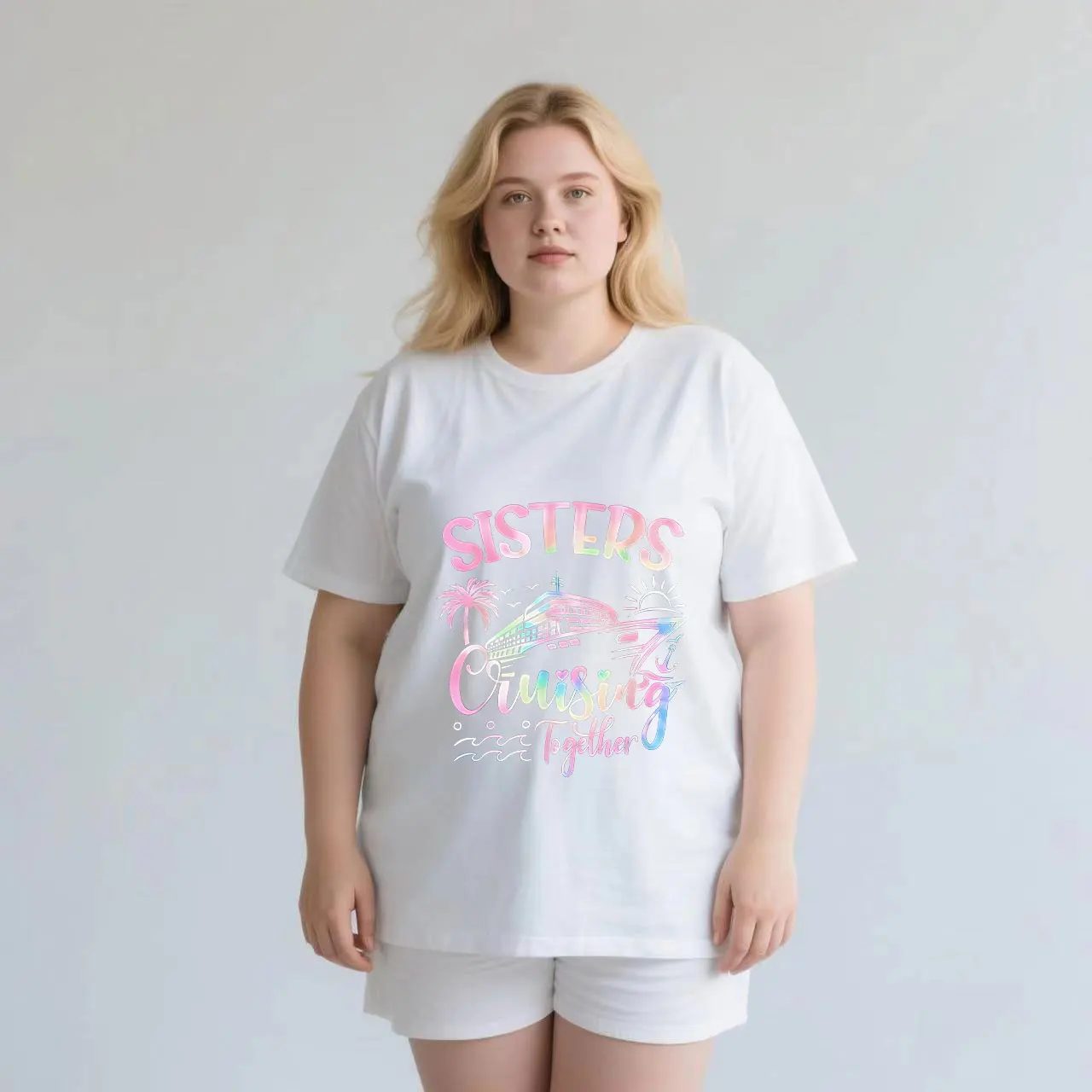 

Colorful cartoon letters+pattern printing plus size Ladies' casual short sleeved T-shirt white