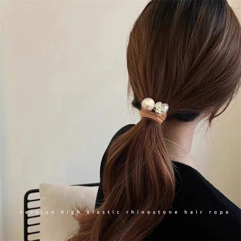Pearl Crystal Hair Loop for Women, Korean Version, Simple and caring Ponytail Leather Band, Tied Headband