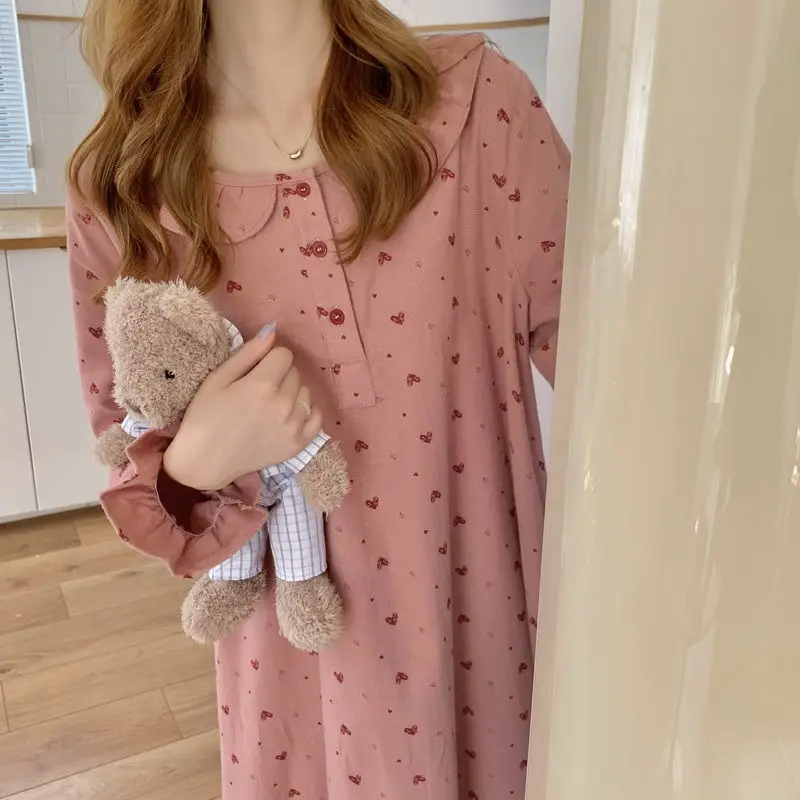 Long Nightgowns Women Sweet Flare Sleeve Ruffles Heart-printed Lovely Mid-calf Nightie Loose Sleepwear Gentle Students Comfort