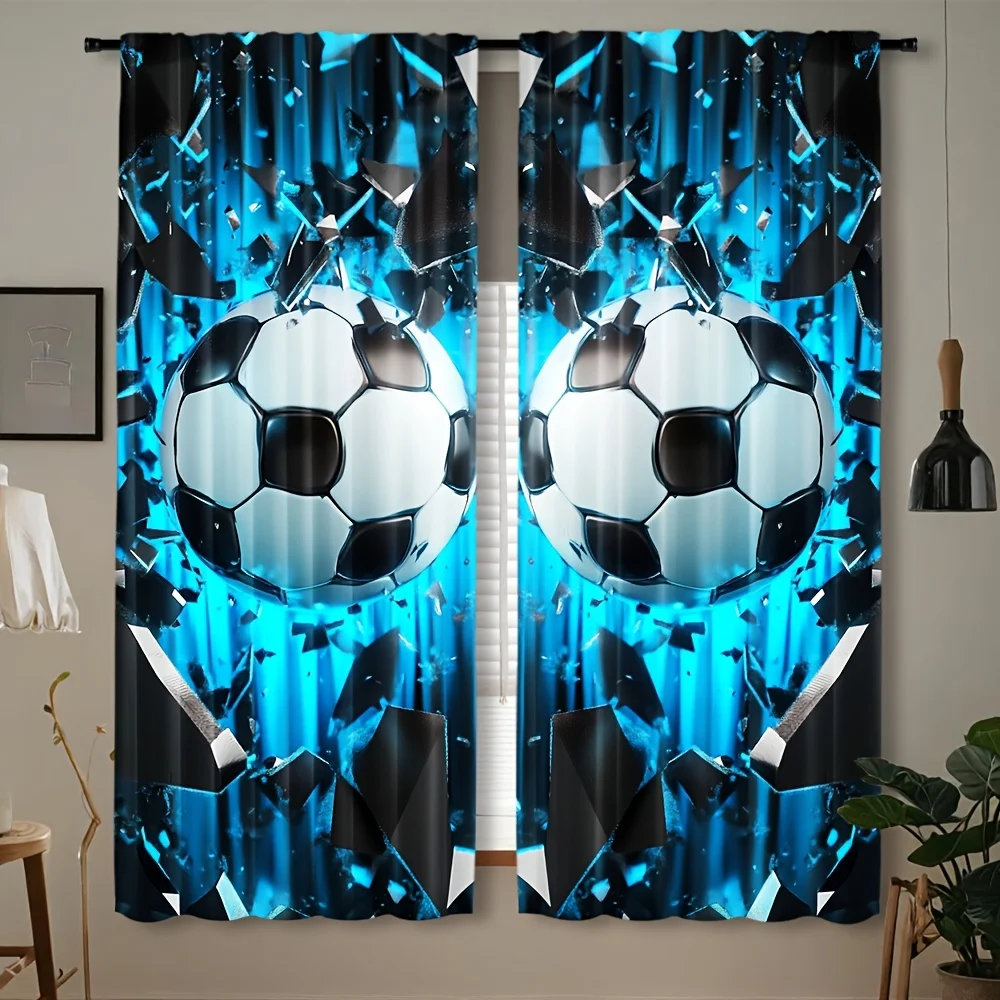 2pcs 3D Soccer Ball Print Curtains Breaking Glass Effect Sport Theme Dynamic Style Polyester Window Drapes for Kids Room Bedroom