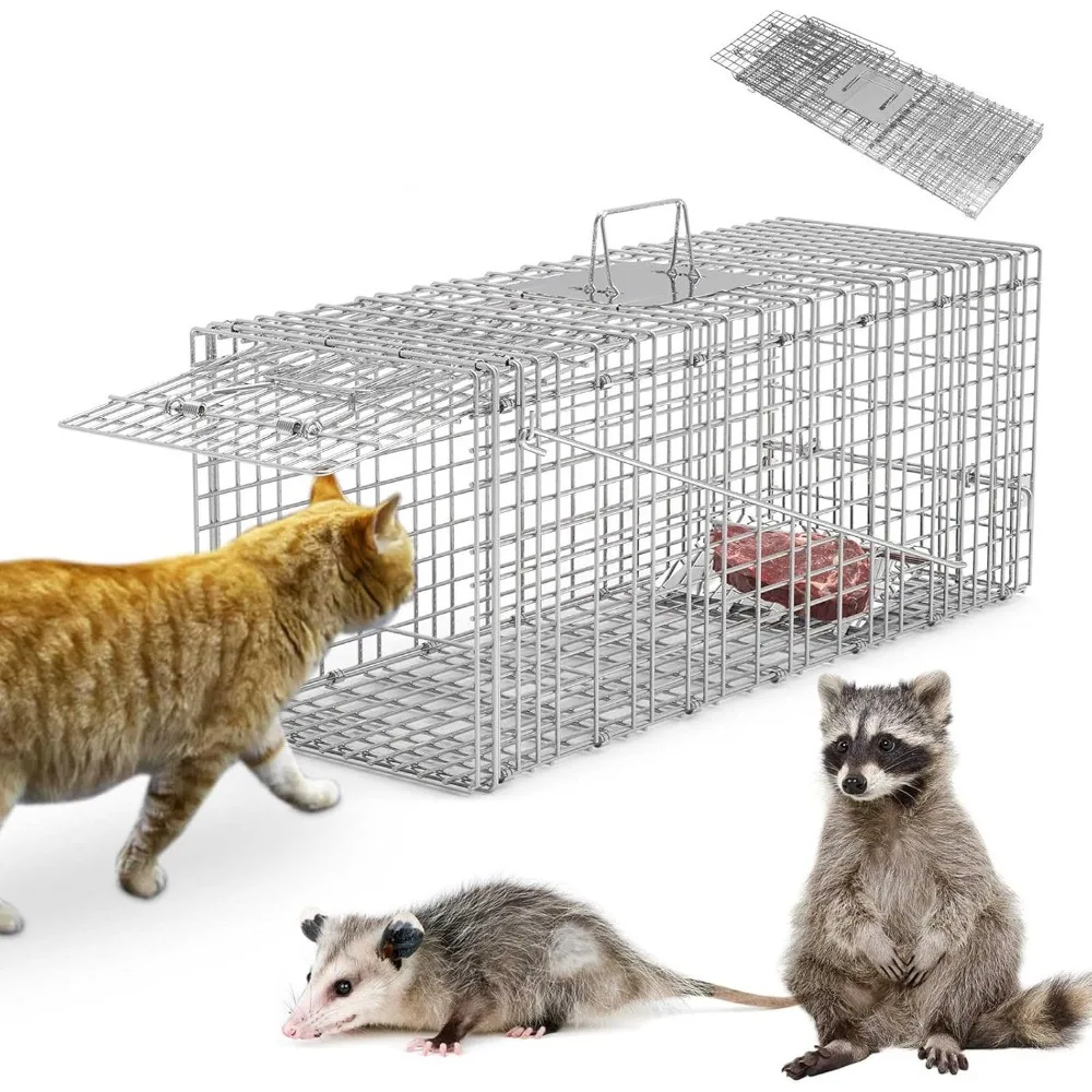 

Live Animal Trap Cage, Large Humane Cat Trap Catch Release Animal Rodent Cage, Collapsible One-Door Animal Catcher Cage for Cats