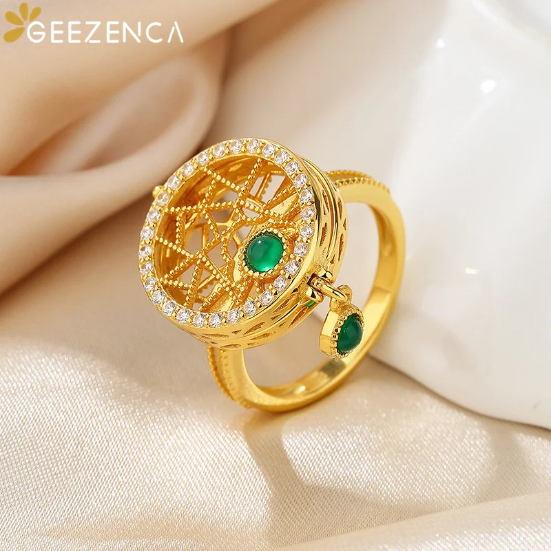 GEEZENCA 925 Silver Gold Plated Agate Tassel Hollow Out Openable Rings Luxury Vintage Gemstone Locket Ring Aromatherapy Diffuser