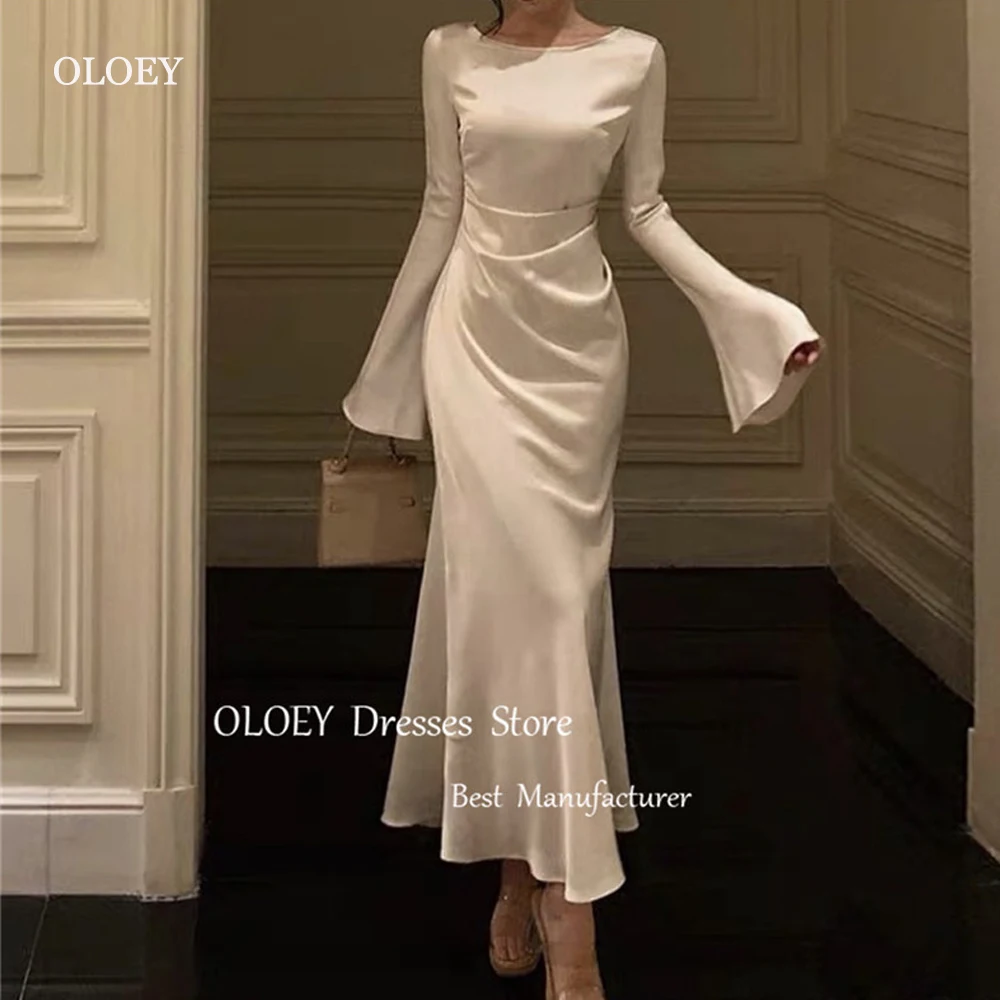 

OLOEY Simple Silk Mermaid Wedding Party Dresses Korea Flare Long Sleeves Scoop Neck Ankle Length Evening Gowns Event Formal