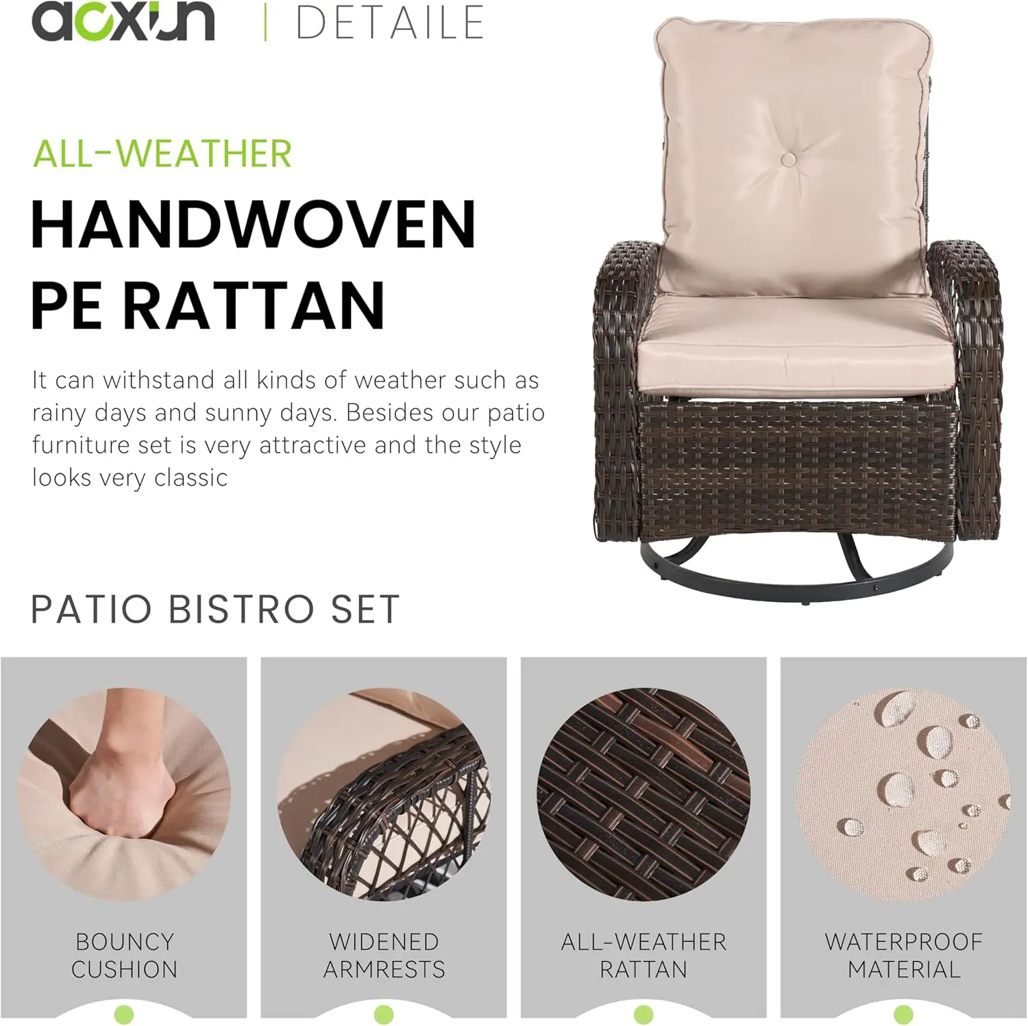 Outdoor Swivel Rocker Chair Set com pequena mesa lateral, vime Rattan, pátio mobiliário conjunto para quintal, varanda, deck