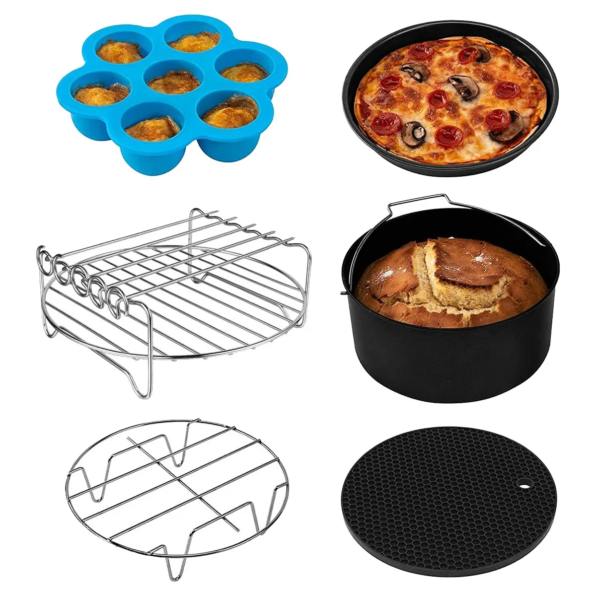 6Pcs Air Fryer Accessories for Dual Air Fryer, Multi-Layer Dehydrator Rack with 4 Barbecue Sticks, Cake Pan,(8 Inch)