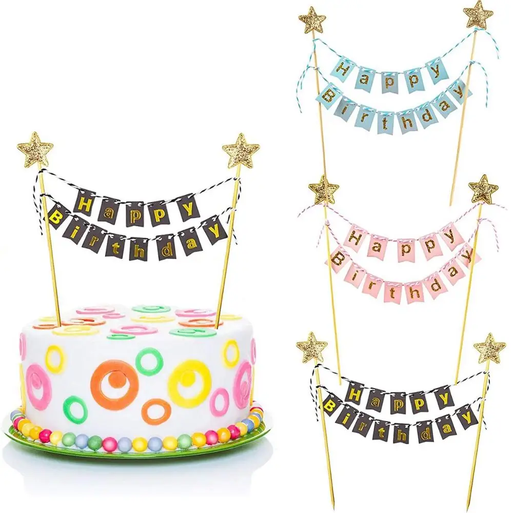 Happy Birthday Cake Flags DIY Gold Stars Bunting Banner Kids s Baking Decoration Baby Shower Party Supplies