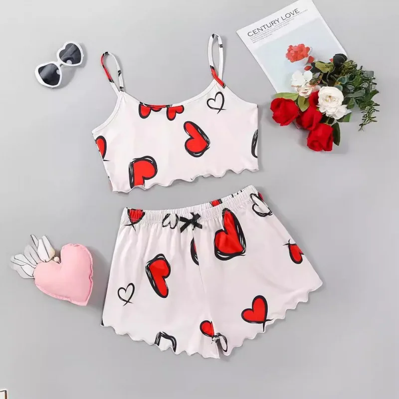 

Satin Heart Print Pajama Set Spaghetti Strap Cami Top And Frill Shorts Smooth Texture For A Restful Sleep Women's Sleepwear Pjs