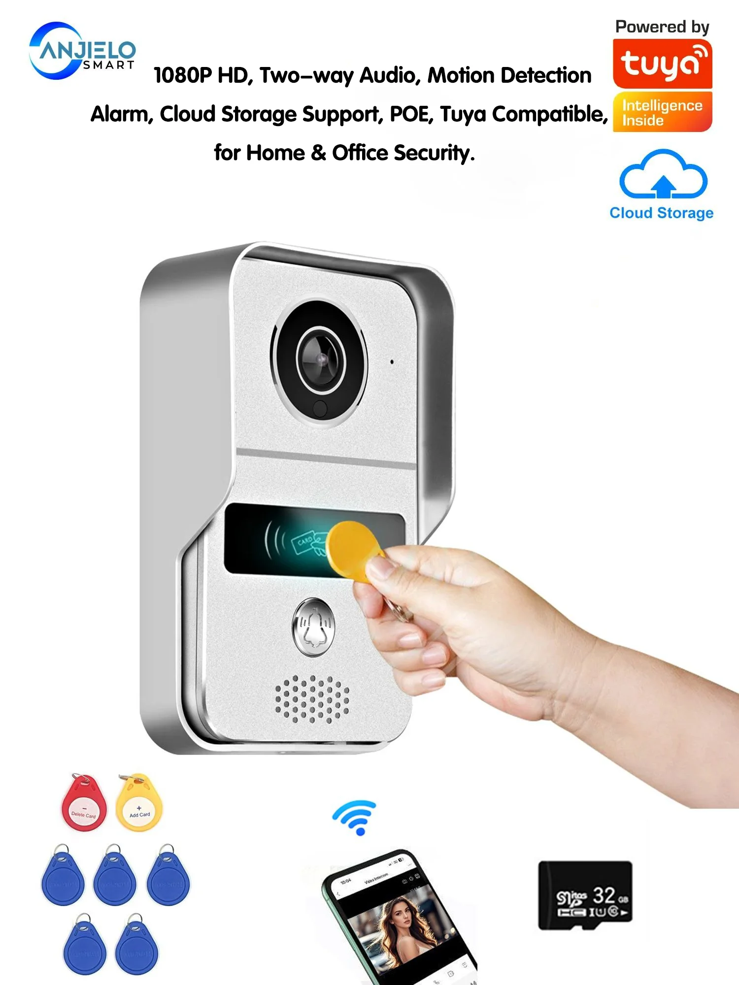 

ANJIELOTuya Wireless WiFi Video Doorbell with 1080P Camera, Motion Sensor, Alarm System and Remote Unlock Function